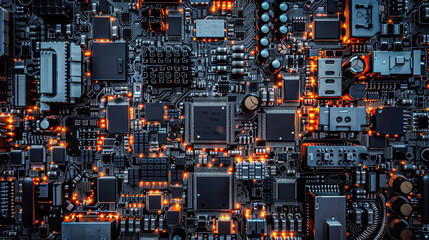 Capture the intricate beauty of circuit boards in a wideangle shot, showcasing the complex layout and interconnected components for a mesmerizing visual experience