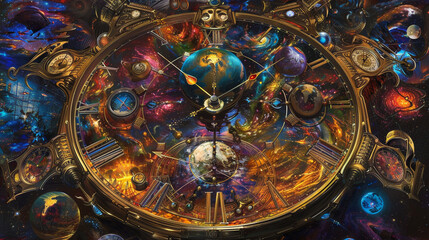 A depiction of a multiverse clock, with hands ticking across dimensions, each hour marked by a...