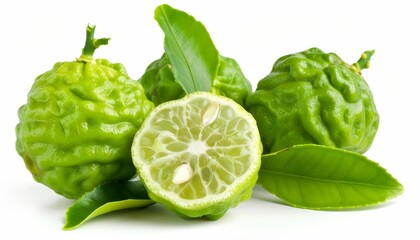 Fototapeta premium Isolated white background of fresh Bergamot fruit with leaf