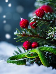 Fototapeta premium Christmas fir branches and a green snake.