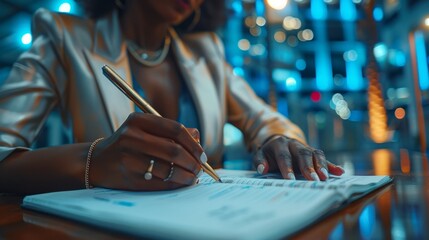Obraz premium A Close-Up View of a Black Corporate Woman's Hands, Flawless Skin, Engaged in Writing Notes on a Notebook at a Spacious Office Desk