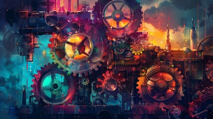 Intricate mechanical gears in vibrant colors, with a glowing steampunk theme
