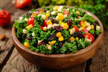 Kale salad with corn tomatoes cranberries nuts on wood background Focus on ingredients