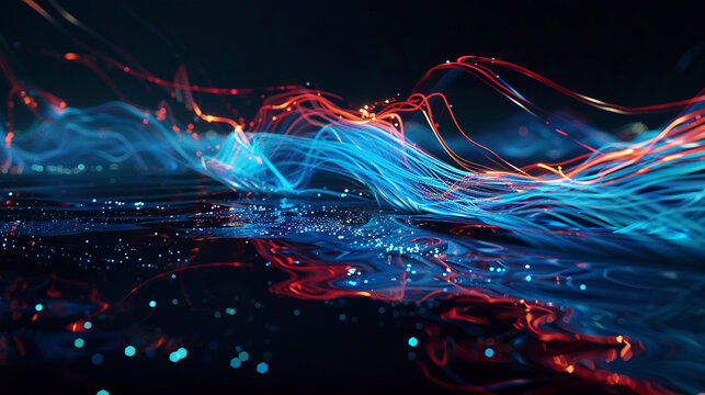 A digital artwork where luminous trails of blue and red ink weave through the darkness of water, creating an abstract landscape of light and color. 