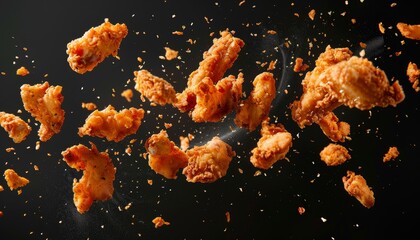 Levitating chicken pieces freeze in motion on black background showcasing the concept of floating...