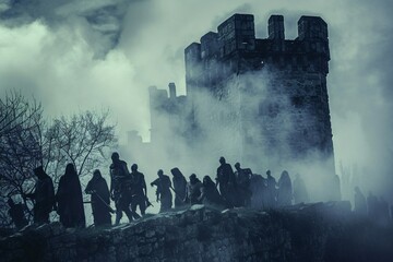 Gothic scene of zombies ascending a medieval tower, shrouded in fog and mystery