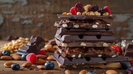 Stacked assorted chocolate bars with nuts and berries on a wooden table