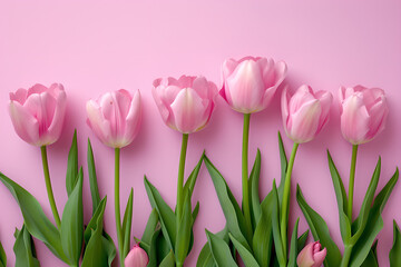 Pink tulips on a pink background with empty copy space for message and logos, romantic floral arrangement, elegant and feminine, springtime beauty, simple, elegant compositions, stylish 