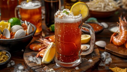 Mexican beer cocktail with tomato juice clam and lemon on a wooden table Representing the concept of Mexican beer