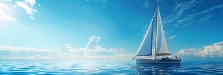 Serene panoramic image of a white sailboat gliding over calm blue ocean waters under a clear sky with fluffy clouds