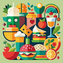 pattern with food and drinks, Stylized food and beverage backgrounds with bright, appealing colors for restaurant menus or food blog