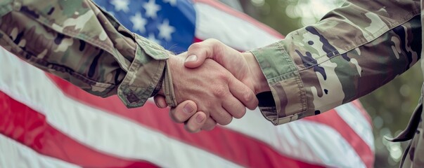 Wide shot of military handshake in front of American flag