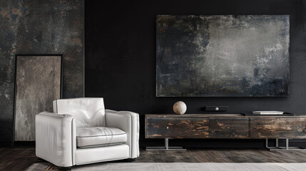 A dramatic living room featuring a charcoal black wall, creating a striking contrast with a sleek, white leather armchair. The room includes a dark, rustic wood console, over which hangs a large, 