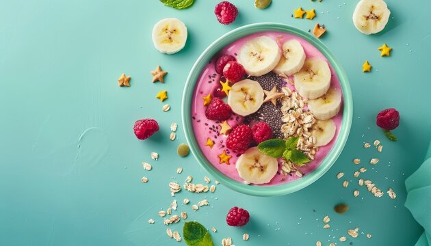 Minimal composition of healthy breakfast featuring a smoothie or asai bowl on a mint background adorned with berries bananas oatmeal dragon fruit stars and chi