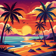 beach with trees, sunset, Saturated sunset beach scenes with palm trees for travel, leisure, or hospitality marketing.