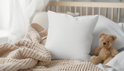 Mockup of a square baby pillow white nursery cushion on blanket with toy bear