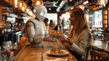 Ai robot showing a plate of food to a woman in a bar 2