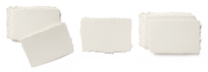 set of blank deckle edged handmade paper business cards, single and in stacks, isolated over a transparent background, cut-out luxury stationery, branding or business mockups, top view / flat lay, PNG