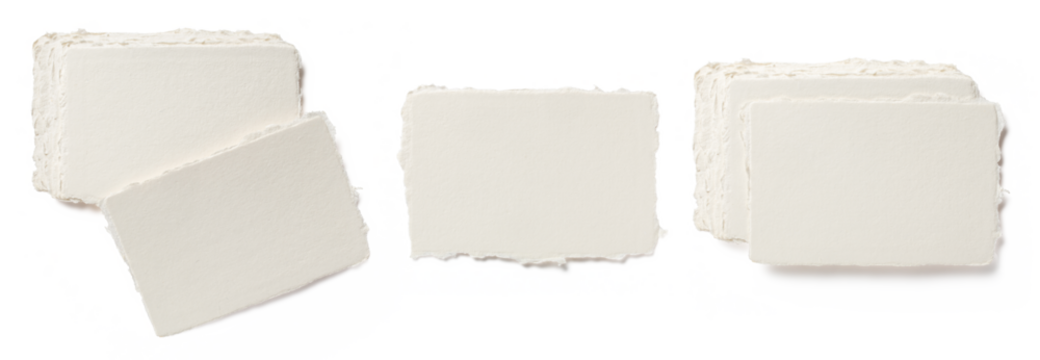 set of blank deckle edged handmade paper business cards, single and in stacks, isolated over a transparent background, cut-out luxury stationery, branding or business mockups, top view / flat lay, PNG