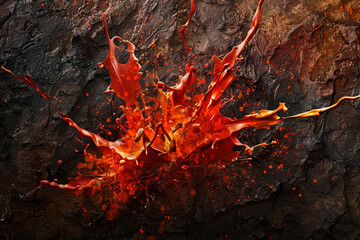 A dramatic scene of fiery red and orange paint splashes erupting against a shadowy, textured background, mimicking the explosive beauty of a volcanic eruption. 