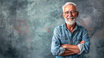 Happy elderly man standing confidently with arms crossed smiling and facing the camera isolated on transparent background hyper realistic 