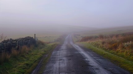 A road leading to a mysterious destination, with fog obscuring the view ahead, adding an element of intrigue and uncertainty.