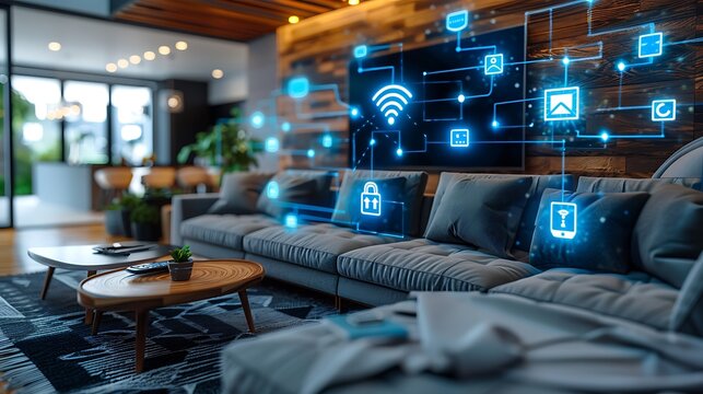 Technology Smart home with connected devices and digital icons Glowing house with symbolism