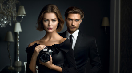 woman photographer with camera  couple professional paparazzi studio  photograph shooting 