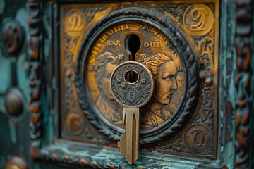 A key inserted into a keyhole on a door engraved with symbols of various currencies. The key symbolizes access to success and wealth in business
