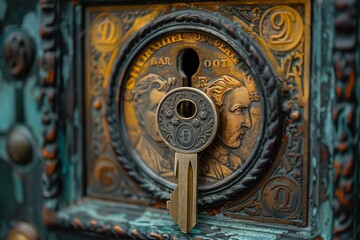 Obraz premium A key inserted into a keyhole on a door engraved with symbols of various currencies. The key symbolizes access to success and wealth in business