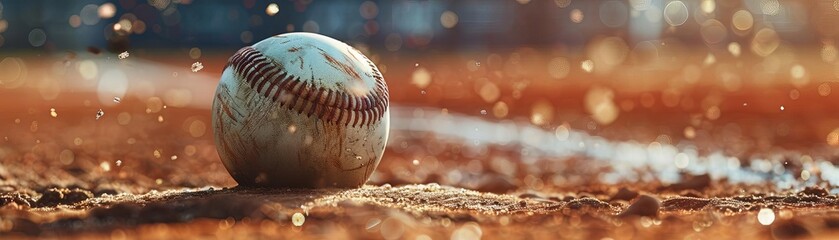 A close up of a baseball on the infield dirt with the white chalk line in the background and the outfield grass out of focus in the distance. - Powered by Adobe