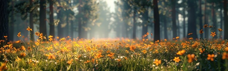 Vibrant flowers bloom in the midst of a dense forest