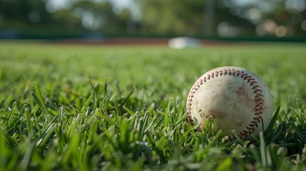 A well-worn baseball sits on the grass, its red stitches contrasting with the green blades. The background is blurry, with a hint of a baseball diamond in the distance.