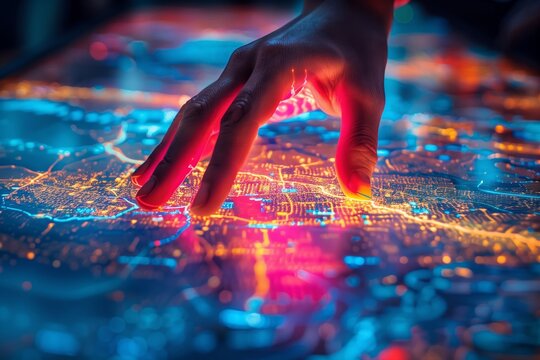 A hand reaching through a portal to touch a holographic interface