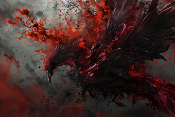 A dramatic spray of crimson and black paint splashes, creating an abstract representation of a fiery phoenix in flight. - Powered by Adobe