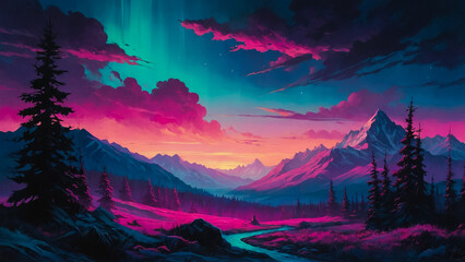 Sad beautiful artwork with pink clouds and mountains.Anime, manga landscape at dusk
