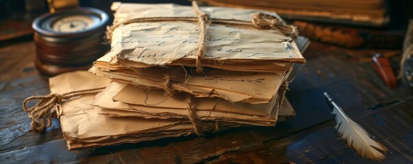 A stack of old letters tied together with a piece of twine on a wooden table.