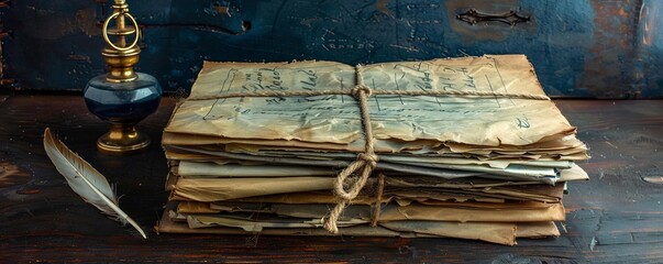 Naklejka premium A stack of old letters tied with a piece of twine.Pang Bian You Yi Zhi E Mao Bi He Yi Ge Zhuang You Mo Shui De Bo Li Ping .