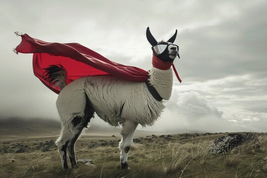Llama decked out in a cool superhero costume, cape flowing dramatically in the wind