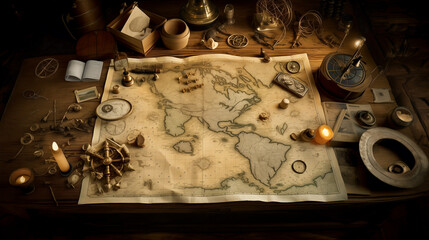 background with antique clock old compass and map retro vintage antique navigation history desktop...