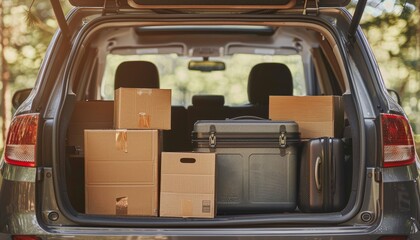 Fototapeta premium Moving luggage outside packing them in car trunk