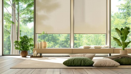Motorized roller shades in beige on large glass windows controlled by remote with pillows above windowsill Summer ambiance with green trees outside