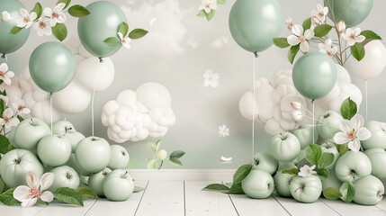 A dreamy balloon wall in a soft palette of spring greens and whites, with balloons subtly shaped like clouds and accented with realistic apple blossoms and green leaves, 