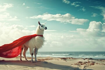 Fototapeta premium Llama decked out in a cool superhero costume, cape flowing dramatically in the wind