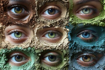 Collage of green female eyes with clay facial mask, close up