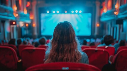 Woman with long brown hair watching a film in a dimly lit, crowded movie theater from the back row.