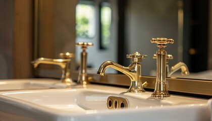 New brass gold plated pillar taps in ensuite bathroom at wash basin in luxury hotel