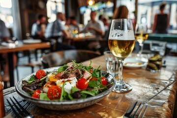 Fototapeta premium Nicoise or Tuna Salad with draft beer Dining in Amsterdam Background of people eating Located in Europe
