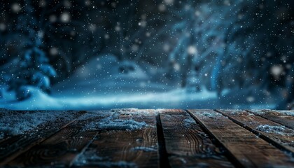 Nighttime snow on a wooden table with available space