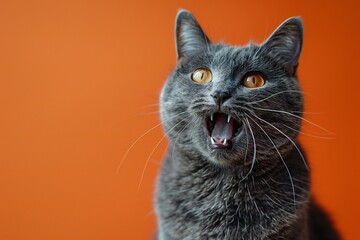 Portrait of a gray cat on a orange background,  Close-up